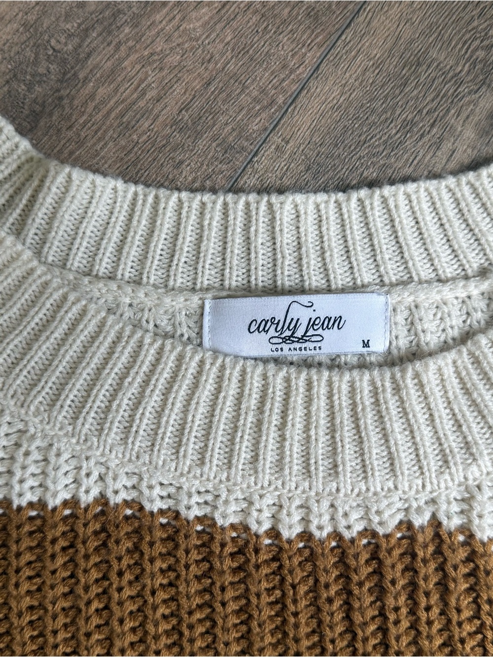 Carly Jean Los Angeles Cream and Brown Ribbed Crewneck Sweater